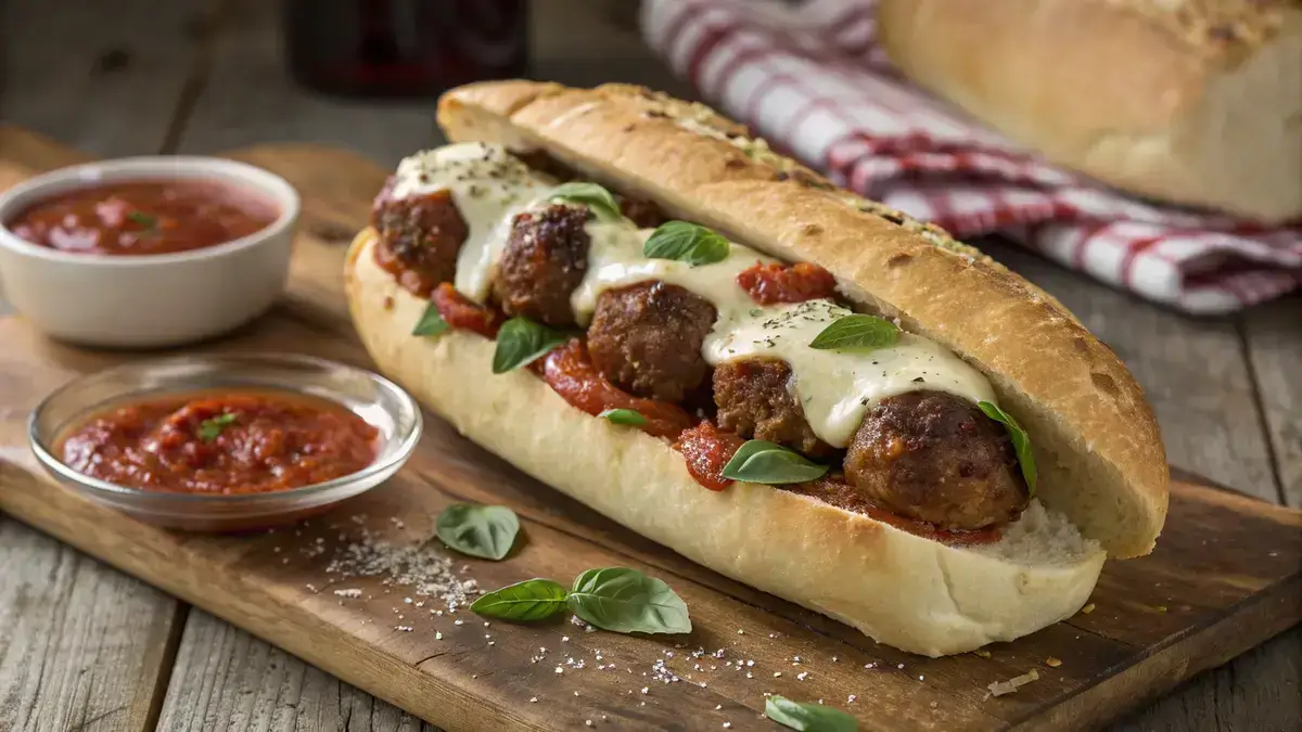 A meatball sub filled with meatballs, melted cheese, and fresh basil on a wooden table.
