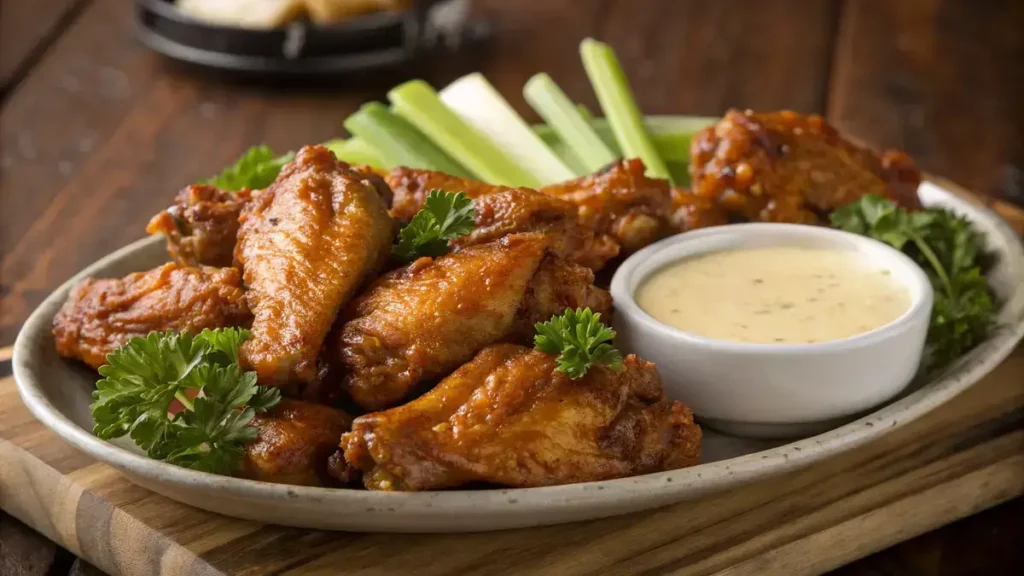 A platter of crispy Mild Wings coated in a buttery sauce, garnished with parsley.