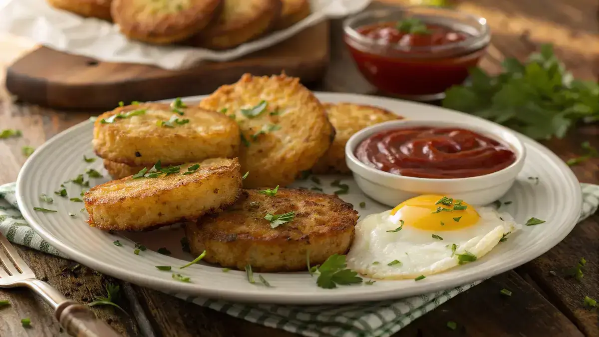 Crispy hash browns baked in the oven, served with ketchup and a sunny-side-up egg.