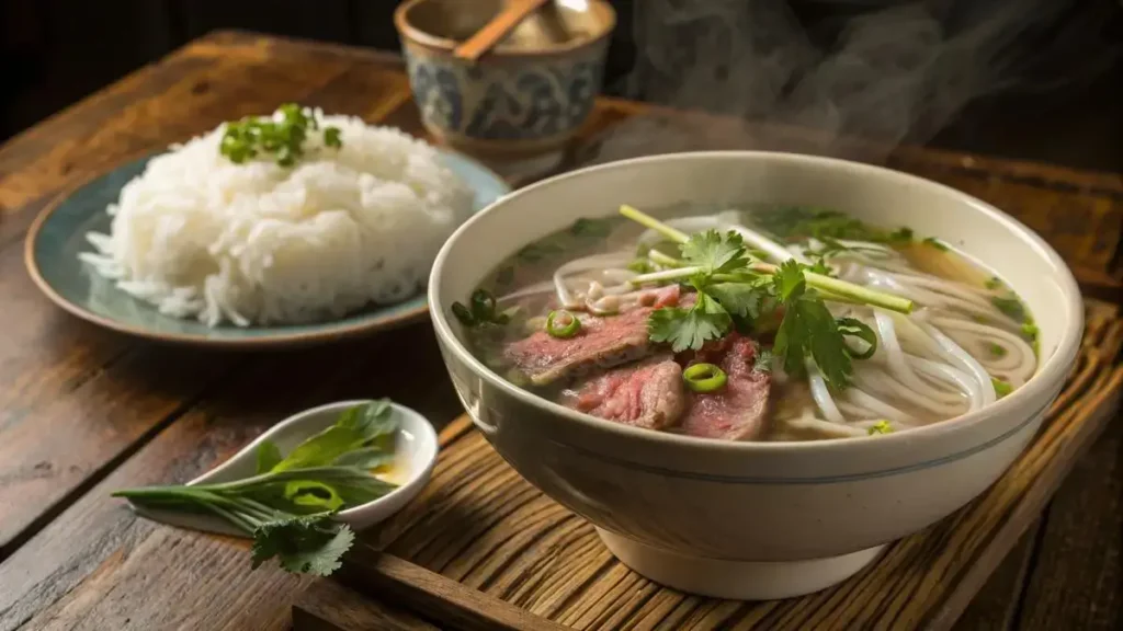 A bowl of pho with beef slices, rice noodles, and fresh herbs, served with jasmine rice.