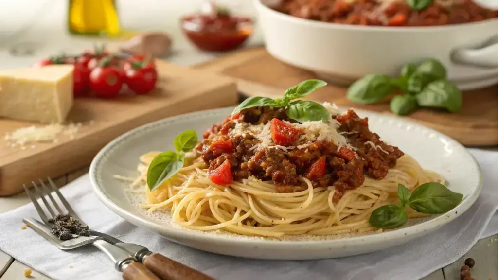 Plate of spaghetti topped with rich ragu pasta sauce and garnished with fresh basil and Parmesan.
