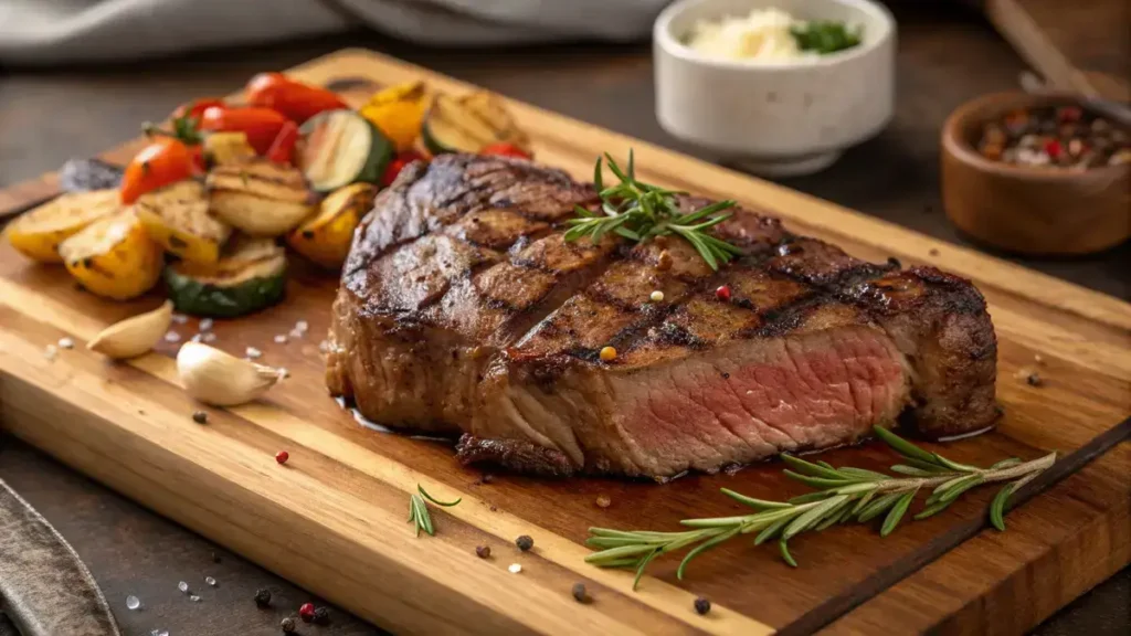 A perfectly cooked rib cap steak on a cutting board, garnished with herbs and garlic.