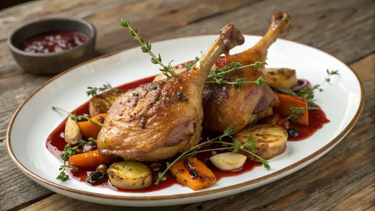 Roasted duck legs garnished with thyme and garlic on a wooden table.