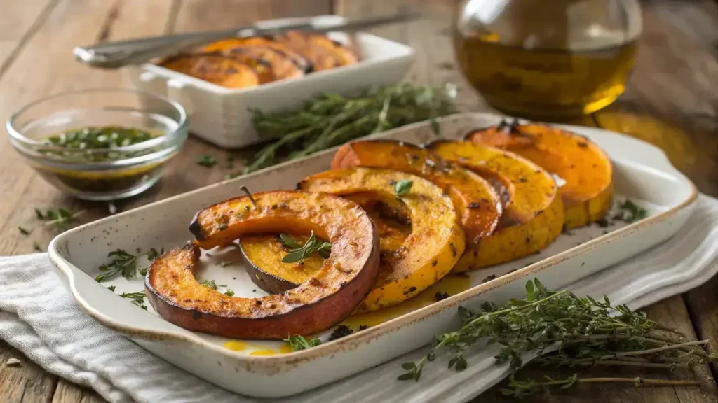 Roasted koginut squash slices on a wooden table, garnished with thyme.