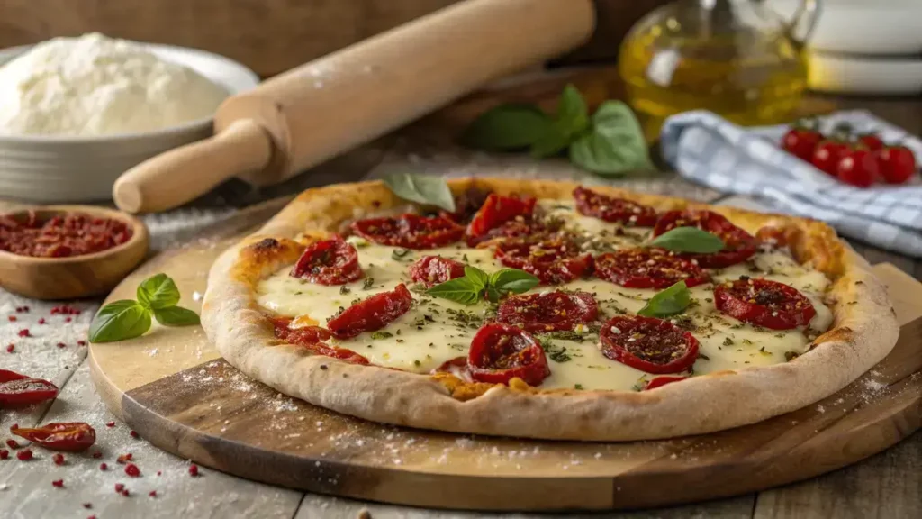 A freshly baked rustic pizza topped with tomatoes, mozzarella, and basil on a wooden board.