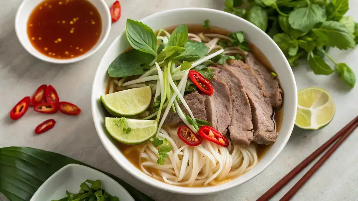 A bowl of Saigon pho with beef, rice noodles, and fresh herbs.