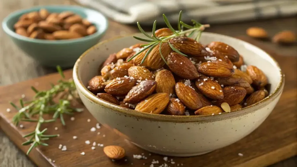 A plate of crispy salt and vinegar almonds with a rustic background.