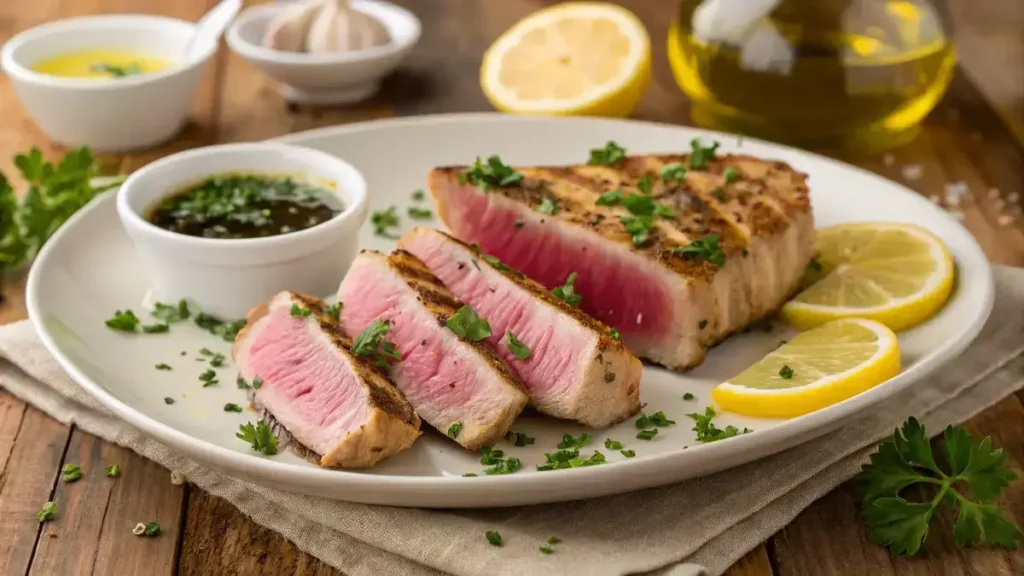 Seared fresh tuna steaks garnished with parsley and served with lemon wedges.