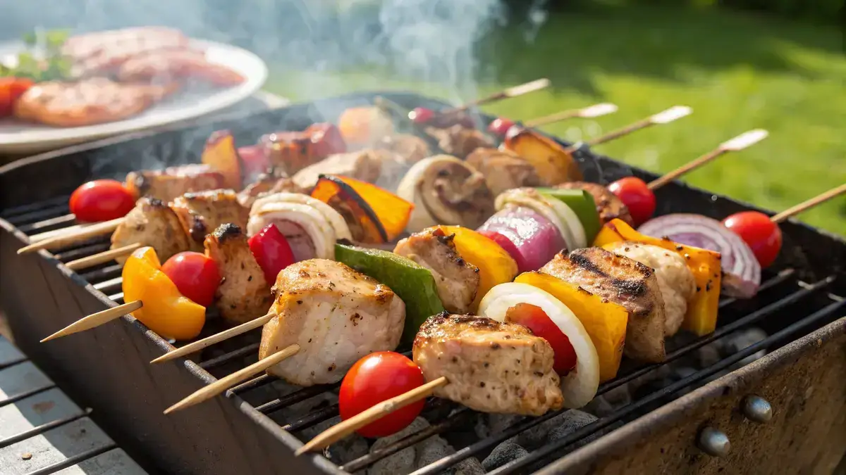 Grilled shish kabobs with chicken and vegetables on a barbecue grill.