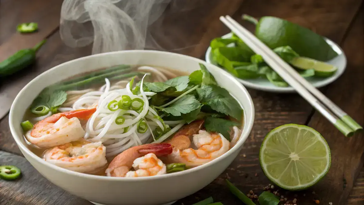A bowl of shrimp pho with noodles, shrimp, and fresh herbs.