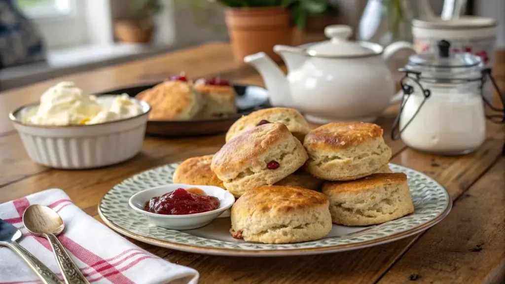 Plate of golden-brown scones made from sticky fingers scone mix, with a bowl of glaze and a cup of tea.