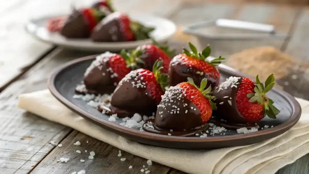 Plate of fresh strawberries dipped in chocolate on a wooden table.