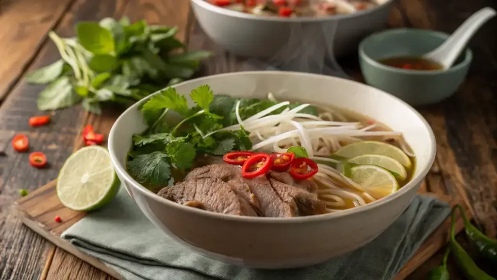 A bowl of Super Pho with rice noodles, sliced beef, and fresh garnishes.