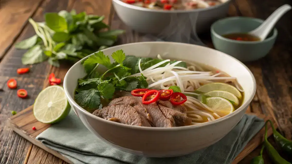 A bowl of Super Pho with rice noodles, sliced beef, and fresh garnishes.