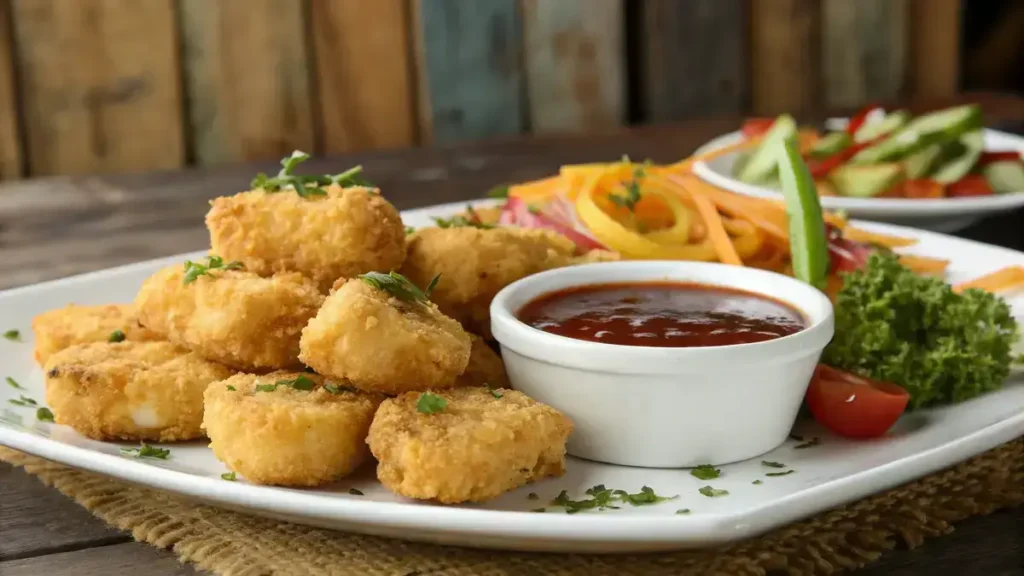 Crispy tempura chicken nuggets served with dipping sauce and fresh herbs.