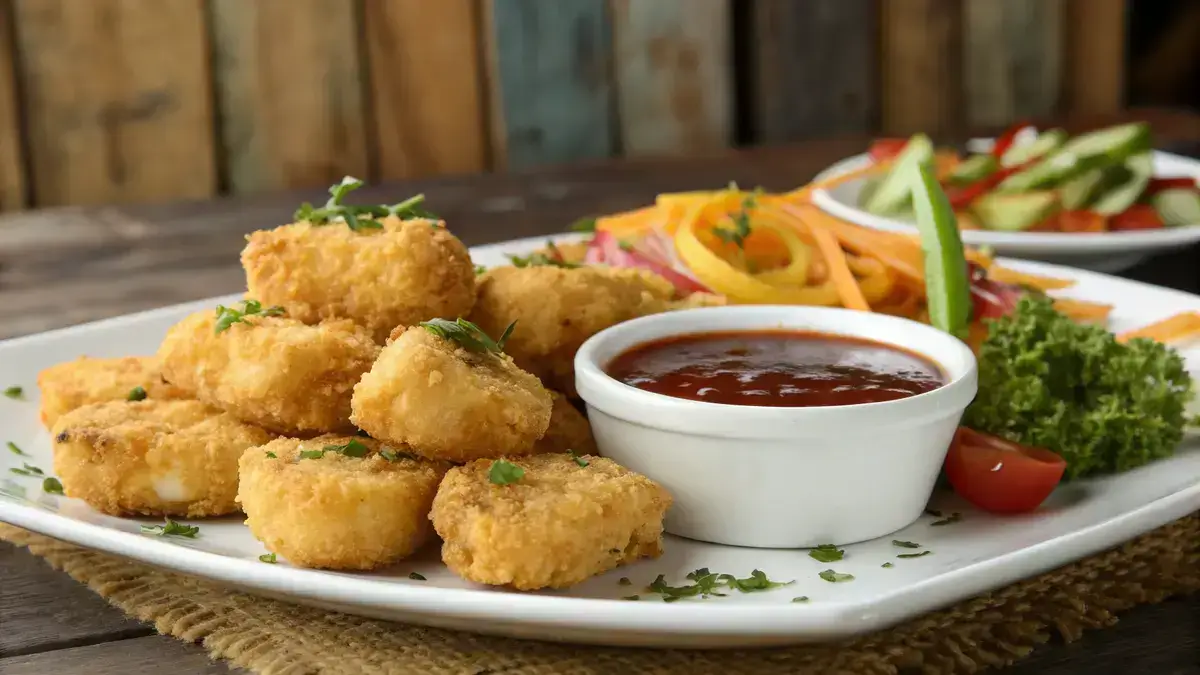 Crispy tempura chicken nuggets served with dipping sauce and fresh herbs.