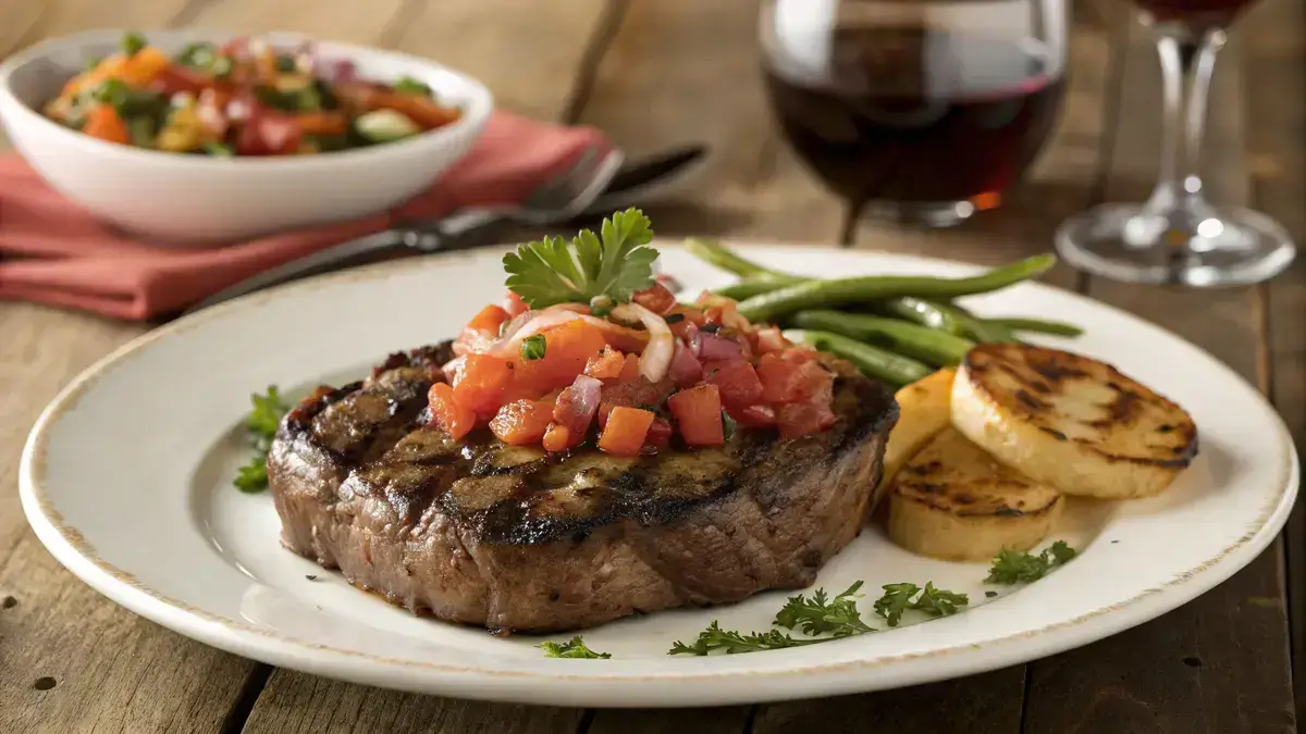 Grilled tom and jerry steak topped with tomato-onion mixture and garnished with parsley.