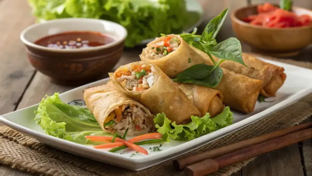 Plate of Vietnamese egg rolls with fresh herbs and dipping sauce