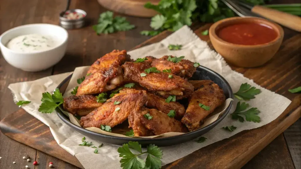 Crispy chicken wings seasoned with spices and garnished with parsley on a wooden table.