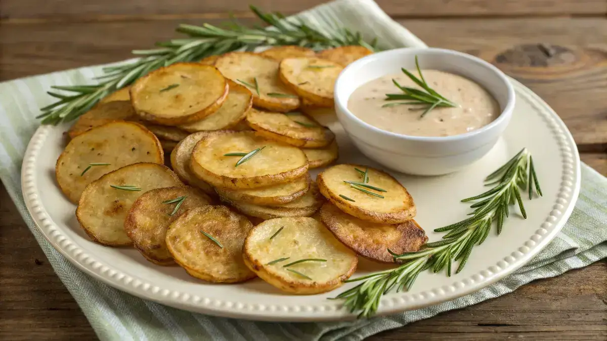 Crispy potato rounds garnished with rosemary on a rustic wooden table.