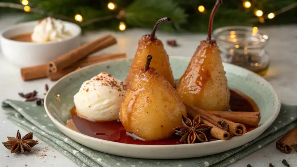 Poached Christmas pears served with spiced syrup and whipped cream on a festive table.