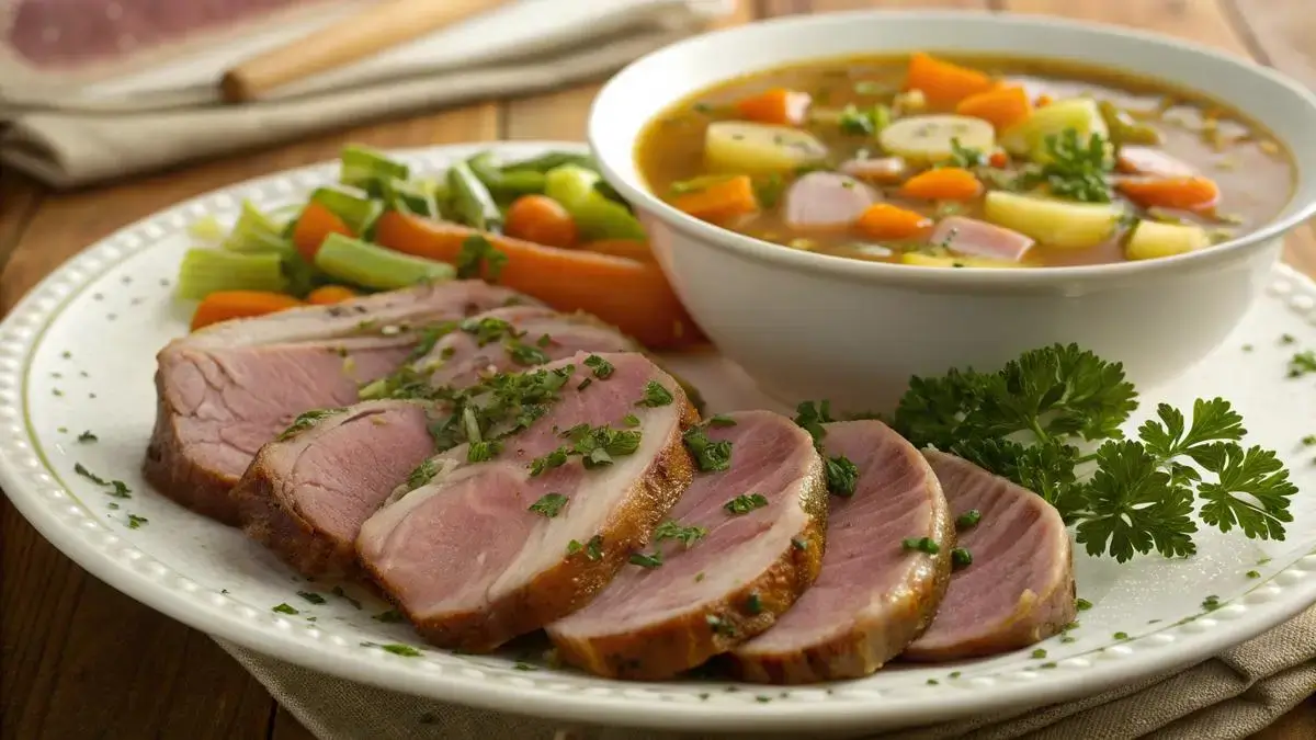 Roasted ham shank on a wooden board with vegetables and sauce.