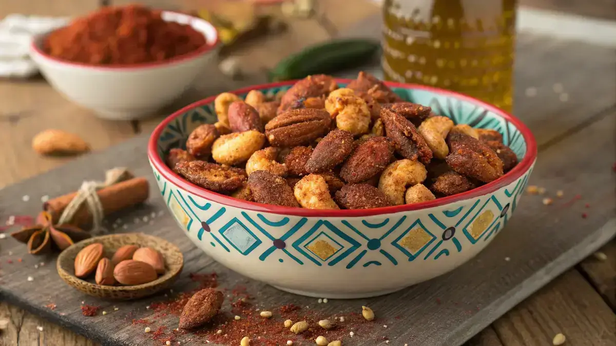 A bowl of spicy nuts with a colorful spice mix on a wooden table.