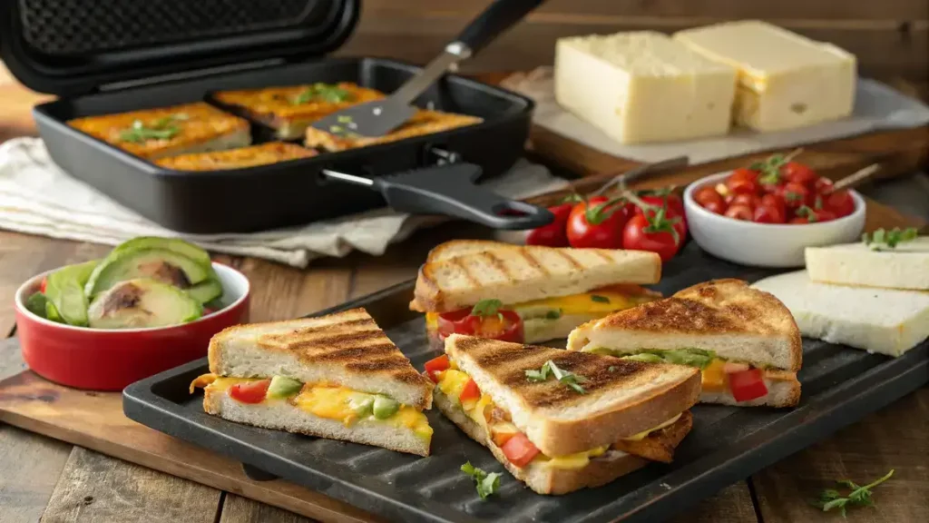 A delicious grilled cheese bar with various sandwiches and colorful fillings on a wooden table.