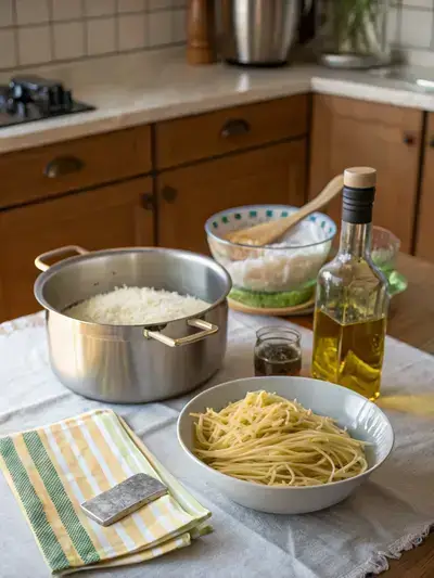 Essential ingredients for making Barilla noodles laid out on a kitchen table.