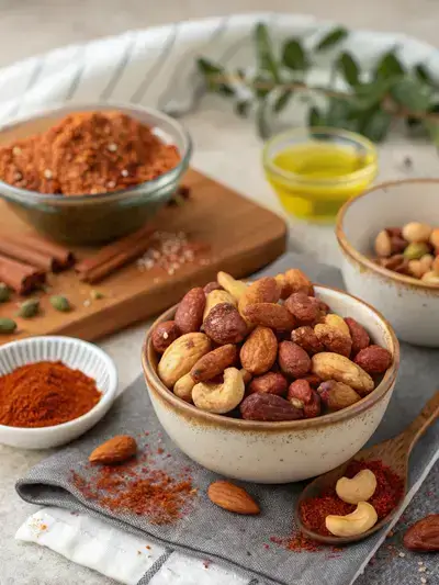 A colorful assortment of mixed nuts seasoned with spices on a kitchen table.