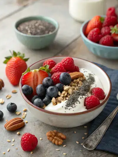 A bowl of Greek yogurt topped with fresh berries and nuts, showcasing an easy healthy dessert.