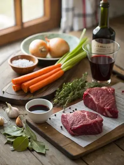 A kitchen table filled with fresh ingredients for a beef cheeks recipe, including beef cheeks, vegetables, and seasonings.