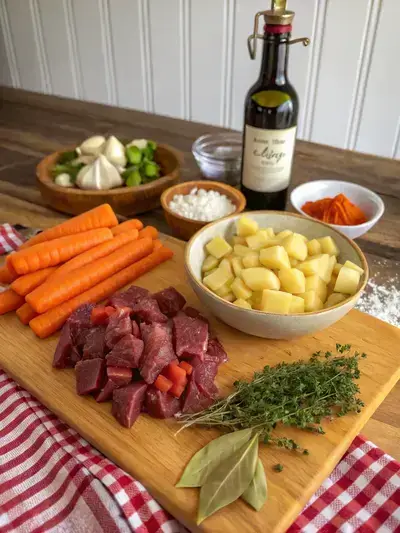 Fresh ingredients for a beef stew including beef chunks, carrots, potatoes, onion, garlic, and herbs on a kitchen table.