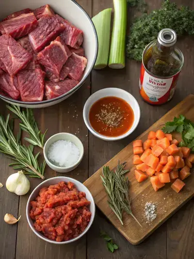 A collection of fresh ingredients for beef short rib ragu on a kitchen table.