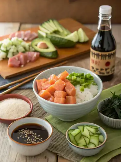 A vibrant assortment of ingredients for Don Poke displayed on a kitchen table.