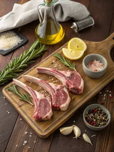 Fresh ingredients for lamb chops including lamb chops, garlic, rosemary, lemon, salt, and pepper on a kitchen table.