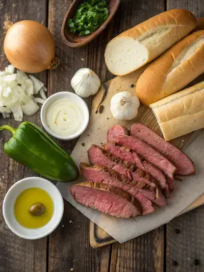 A collection of fresh ingredients for making a Philly Cheesesteak, including ribeye steak, hoagie rolls, provolone cheese, onion, bell pepper, garlic, and olive oil.