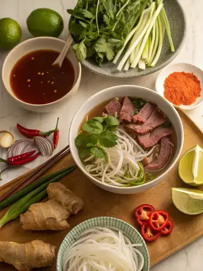 A variety of fresh ingredients for Saigon pho displayed on a kitchen table.