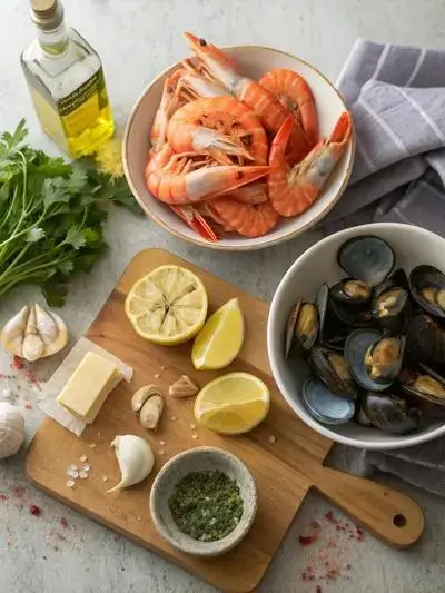 Fresh seafood ingredients for a seafood bake, including shrimp, crab, and scallops on a kitchen table.