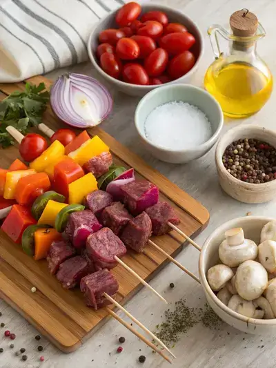 Fresh ingredients for shish kabobs displayed on a kitchen table.