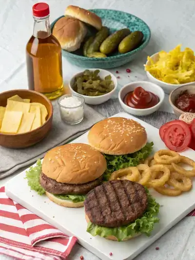 Ingredients for a 2 cheeseburger meal displayed on a kitchen table.