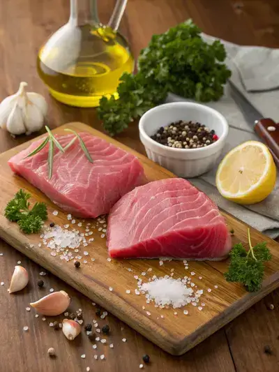 Fresh ingredients for a tuna dish including tuna steaks, garlic, lemon, and herbs on a kitchen table.