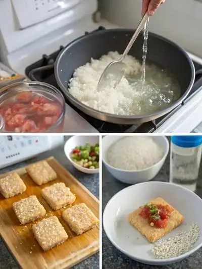 Visual representation detailing the process of preparing crispy rice with spicy tuna, from rinsing the rice to frying patties and finishing the dish.