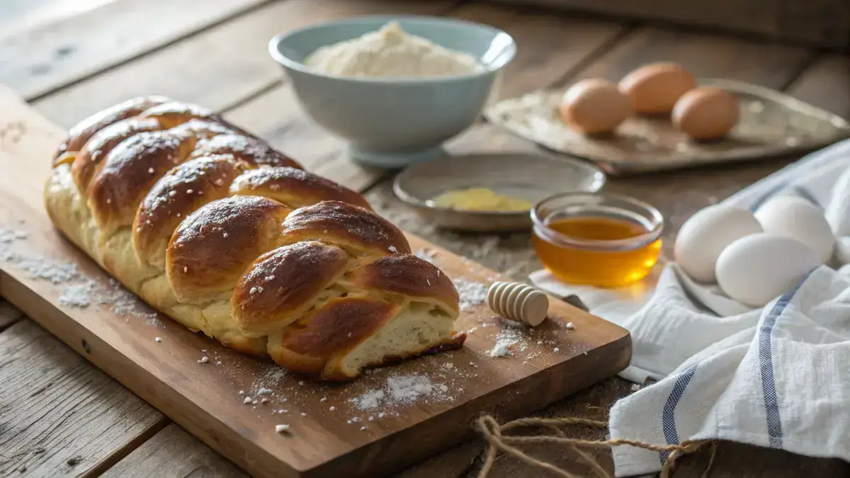 Freshly baked challah bread on a wooden table with ingredients.