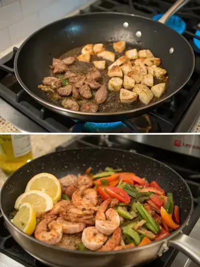 A step-by-step visual representation of making homemade hibachi, showcasing the cooking process in a divided image format.