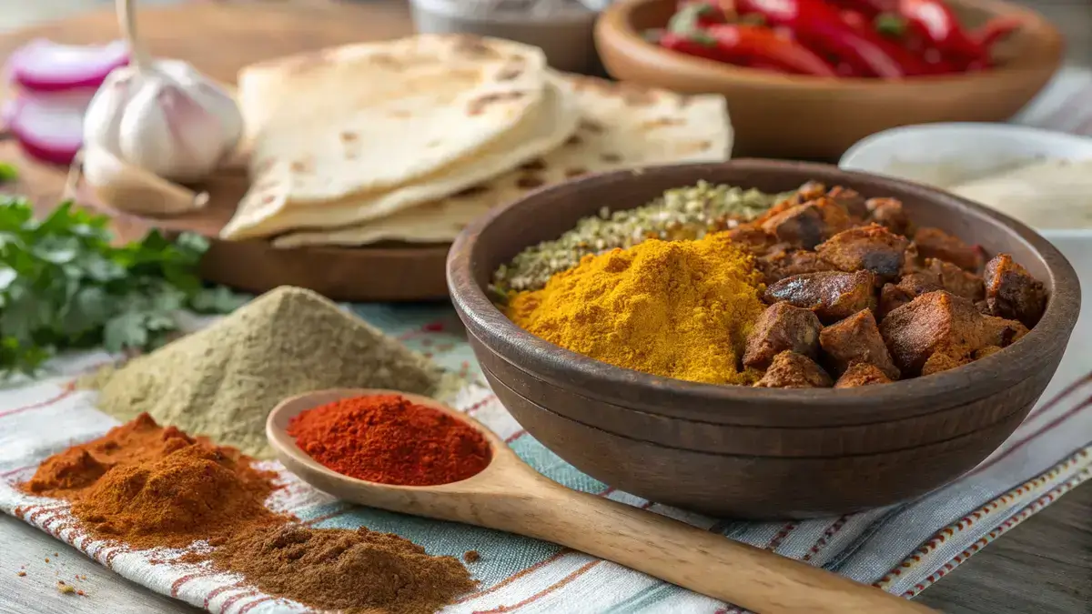 A bowl of Shawarma Seasoning Recipe spices including cumin, paprika, garlic powder, and more, with marinated meat and vegetables in the background.