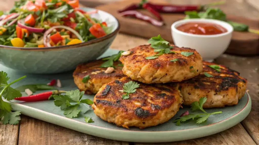 Delicious spicy chicken patties served with a fresh salad and dipping sauce.