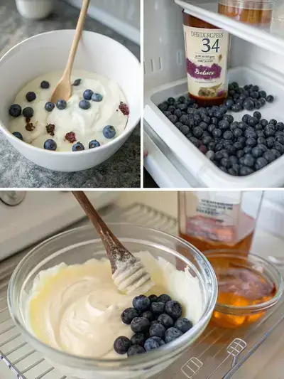 A step-by-step visual guide to making blueberry yogurt, featuring ingredients and preparation stages.