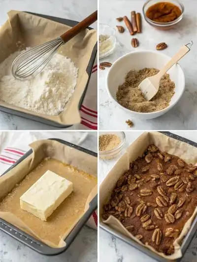 Step-by-step visual guide for making Pecan Pie Bars, showcasing ingredients and preparation stages.