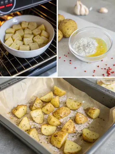 Step-by-step process of making potato bites, including preheating the oven, cutting potatoes, seasoning, and arranging on a baking sheet.